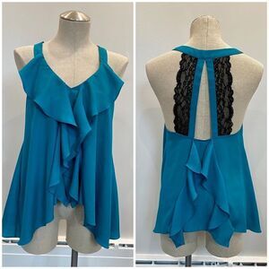 BCBGeneration Teal V-Neck Ruffle Tank With Black Lace Size S